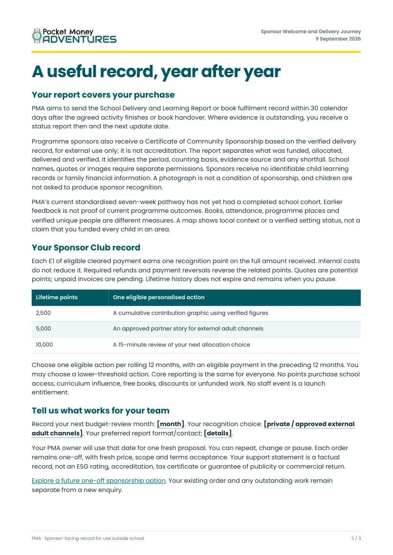Sponsor reporting guide detailing the delivery report, sponsorship certificate and Club record
