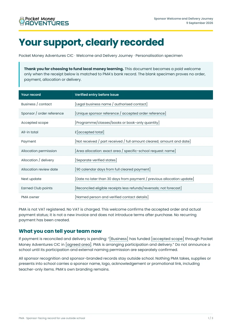Actual blank sponsor welcome specimen showing order, payment and allocation fields